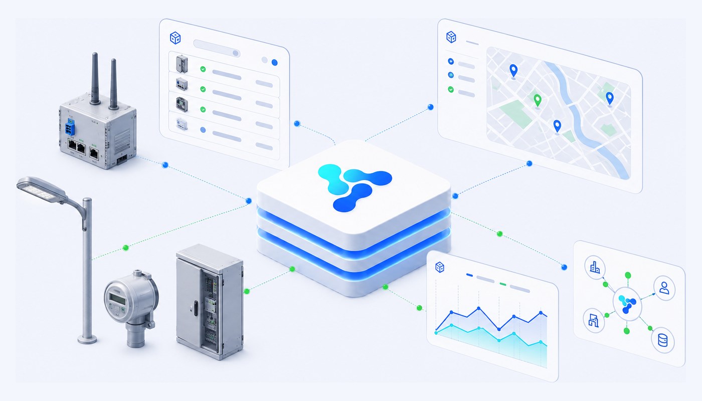 Vision Smart Platform ecosystem: field equipment, gateways and platform screens connected around the platform core