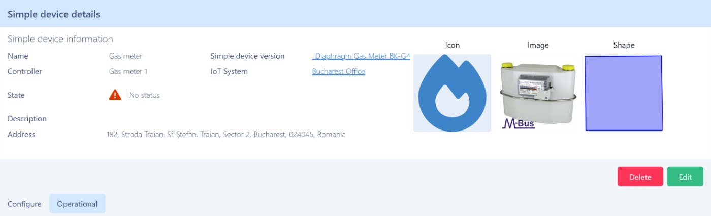 Vision Smart Platform device record: name, version, controller, IoT system, state and address, with icon, image and shape